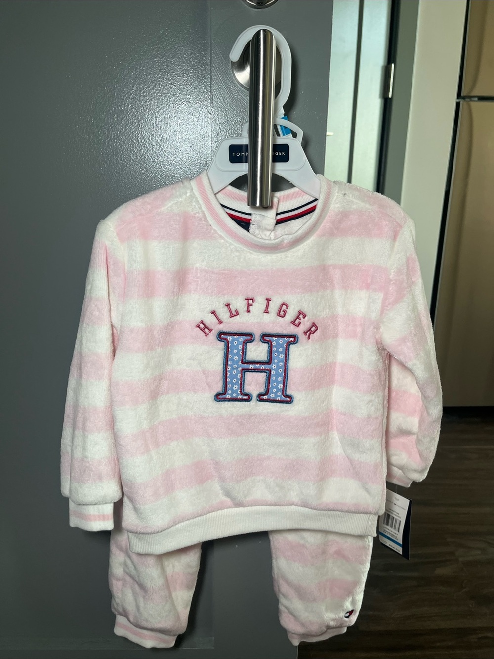 Tommy Hilfiger Pink & White Striped Plush Lounge Set with Embroidered H